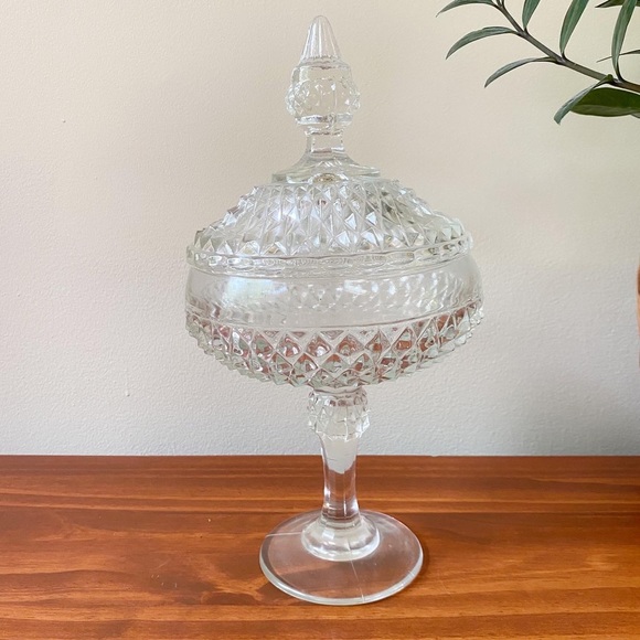 Vintage Other - Vintage Clear Glass Apothecary Candy Crystal Covered Dish Bowl